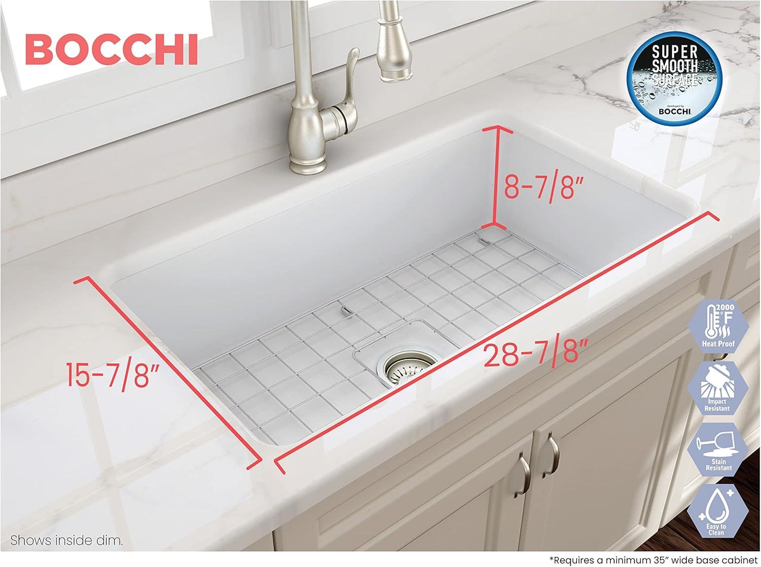 BOCCHI Sotto Undermount Fireclay 32 in. Single Bowl Kitchen Sink with Protective Bottom Grid and Strainer in Matte White
