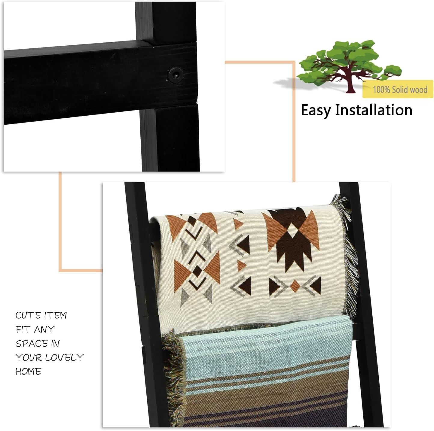FUIN 6.4ft Extra Wide Wooden Blanket Ladder Living Room Decorative Wal Leaning Farmhouse Quilt Display Holder Rustic Wood Towel Rack for Bathroom, Black, 24 inch Wide