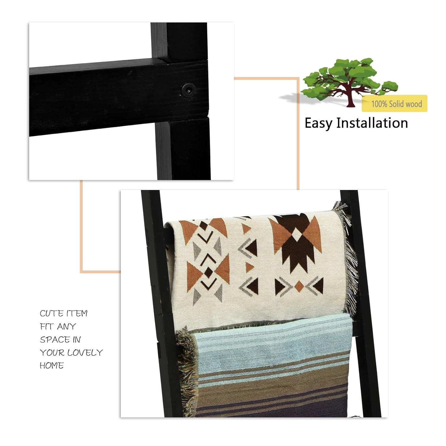 FUIN 6.4ft Extra Wide Wooden Blanket Ladder Living Room Decorative Wal Leaning Farmhouse Quilt Display Holder Rustic Wood Towel Rack for Bathroom, Black, 24 inch Wide