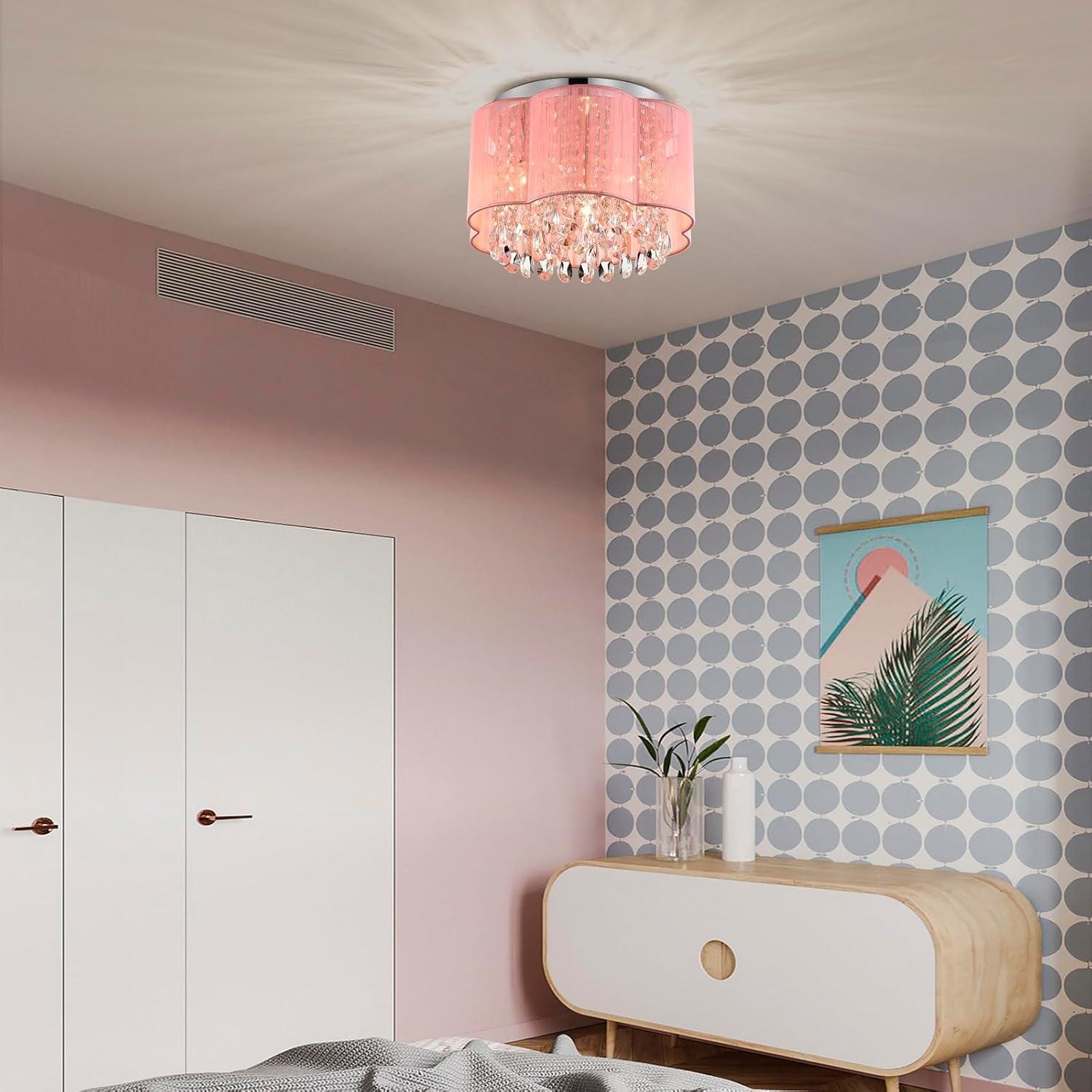 Pink Chandelier Drum Flush Mount Chandelier Crystal Ceiling Light Fixture 3 Light Bedroom Chandelier
