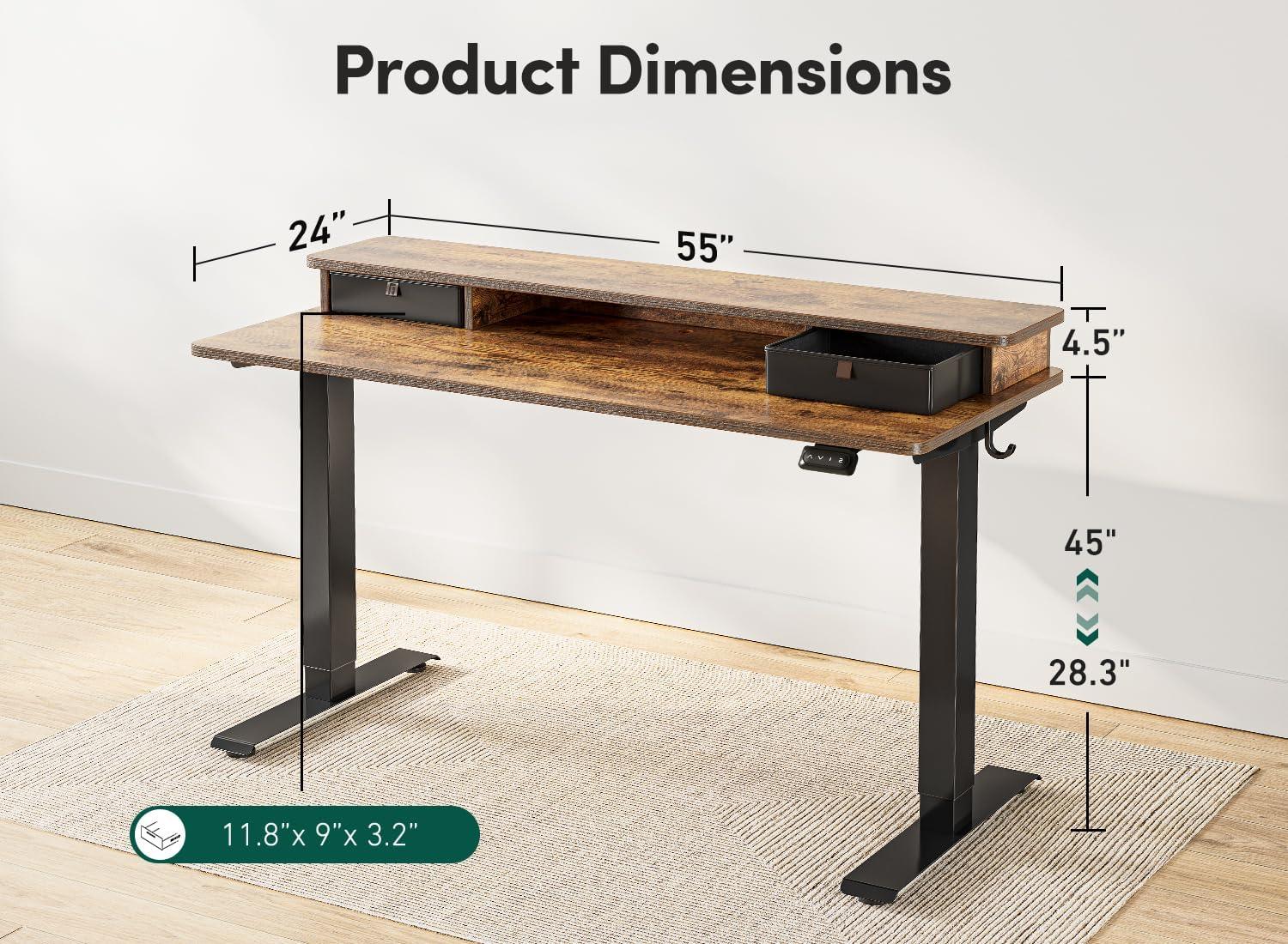 Rustic Brown Adjustable Height Standing Desk with Drawers and Shelf