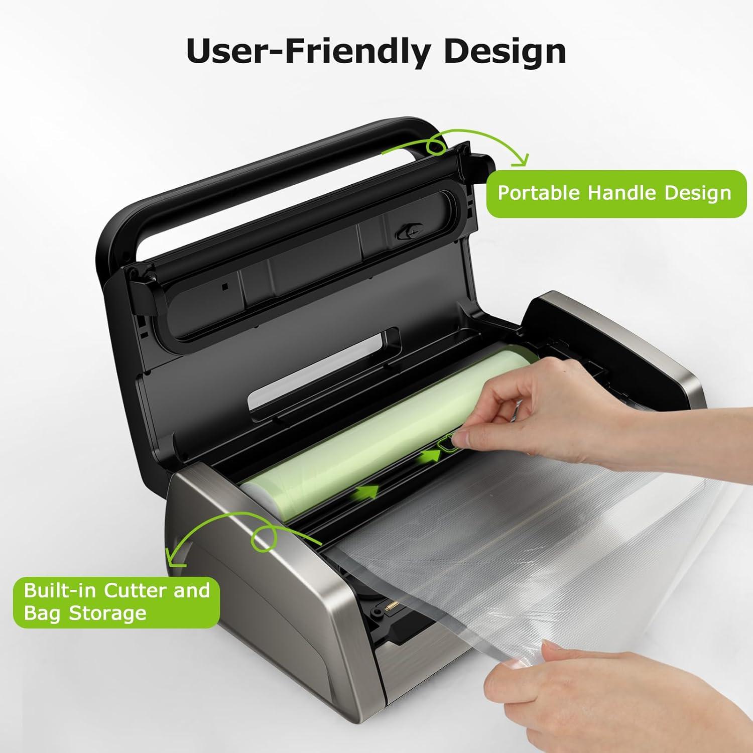 BEACHWATER POOL & SPA, LLC Vacuum Sealer Machine, Powerful Low-Noise Food Vacuum Sealer For High-Speed Continuous Working, Handle Locked Design, Built-In Cutter, 2 Bag Rolls + 100 PCS Vacuum Bags