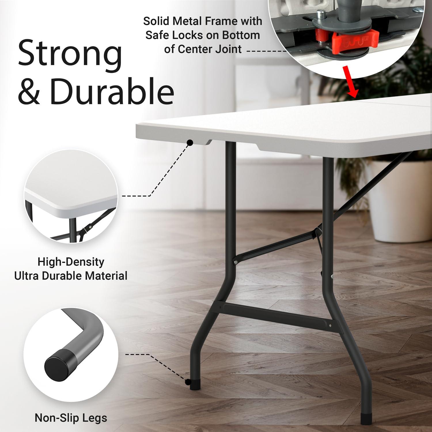 CL.HPAHKL 6 Foot Folding Table with Carrying Handle, Portable Plastic Camping Table Fold in Half, 6 ft Foldable Table with Sturdy Steel Frame for Indoor Outdoor Camping, Picnic and Party, White