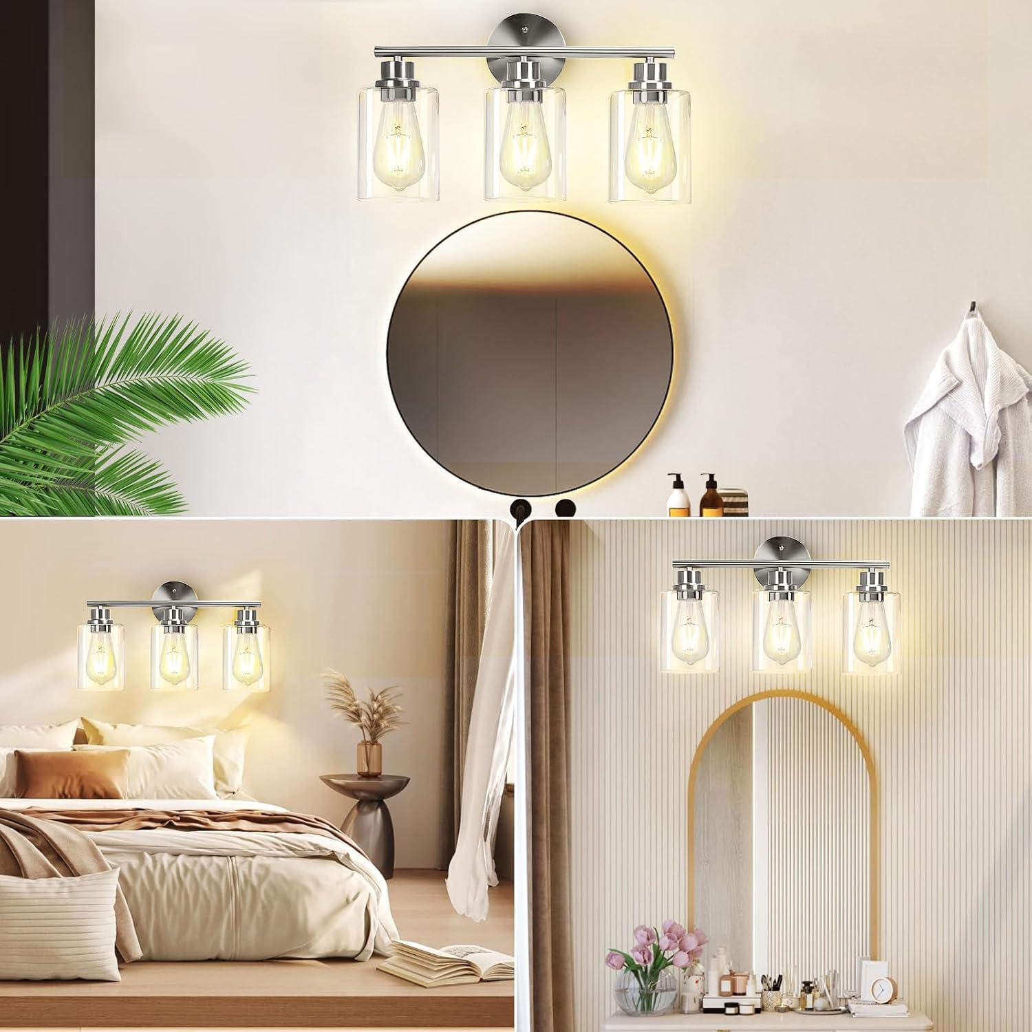 3-Light Bathroom Light Fixtures, Brushed Nickel Vanity Light, Farmhouse Wall Lights with Clear Glass Shade, Bathroom Wall Lamp for Mirror Kitchen Bedroom Hallway Living Room Hallway Cabinet