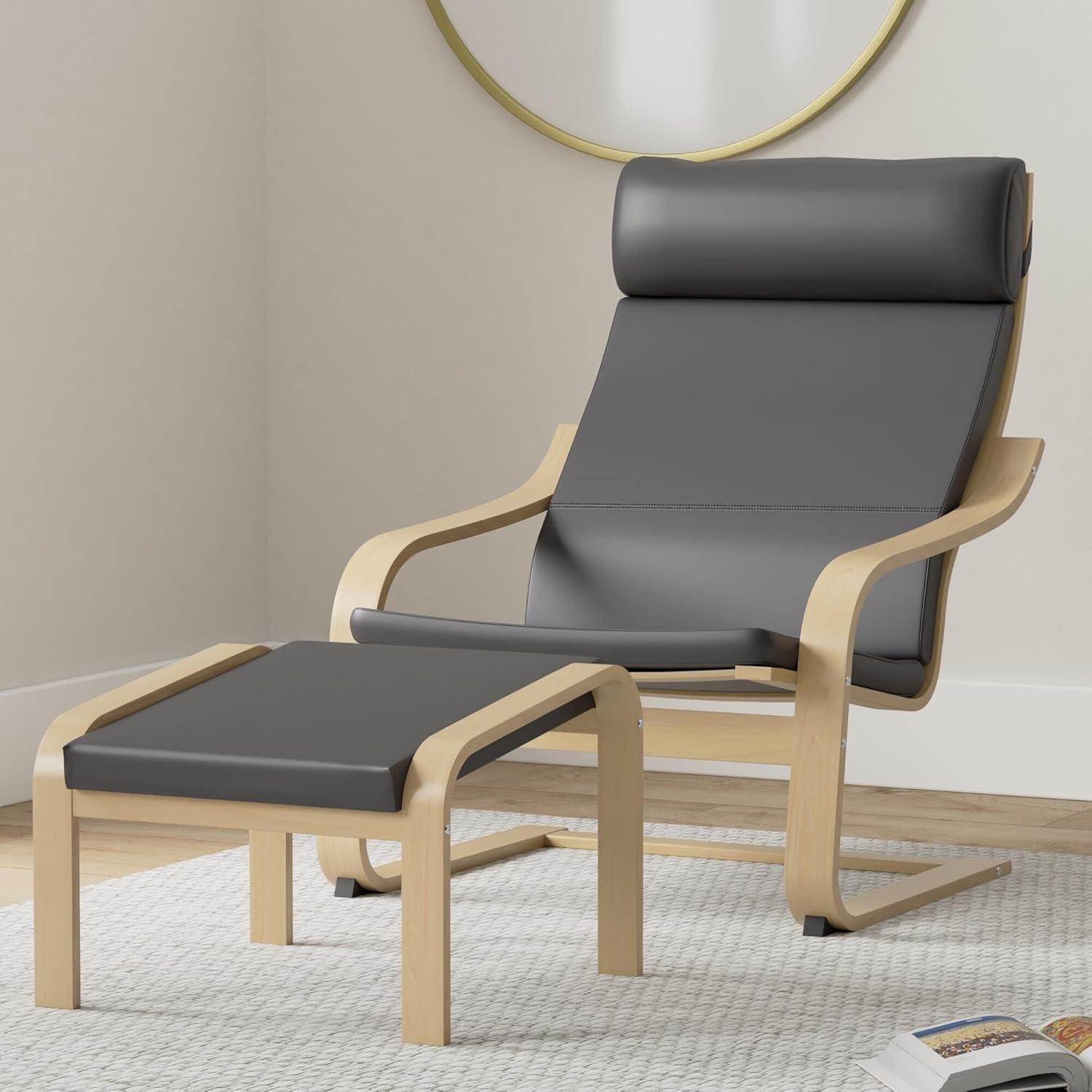 Mia Bentwood Reclining Chair & Ottoman, Natural & Black Leather