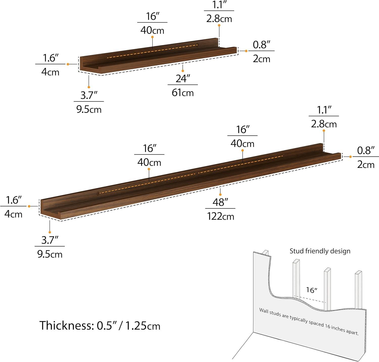 Wallniture Picture Ledge Wall Shelves 48-24-24" , Walnut, Set of 3