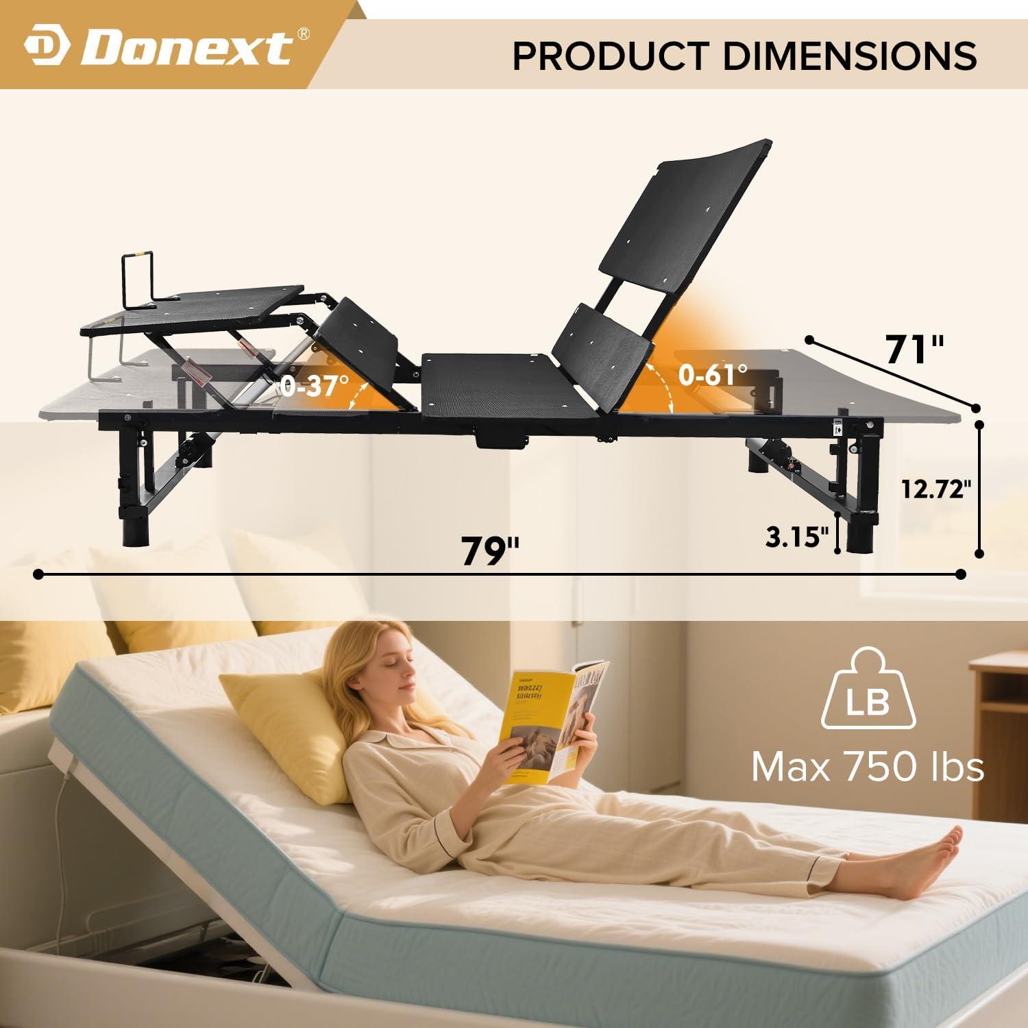 Donext Adjustable Bed Base, King Bed Frame, Independent Head and Foot Incline, Quiet Motor, Wireless Remote Control, Electric Bed Base, Black