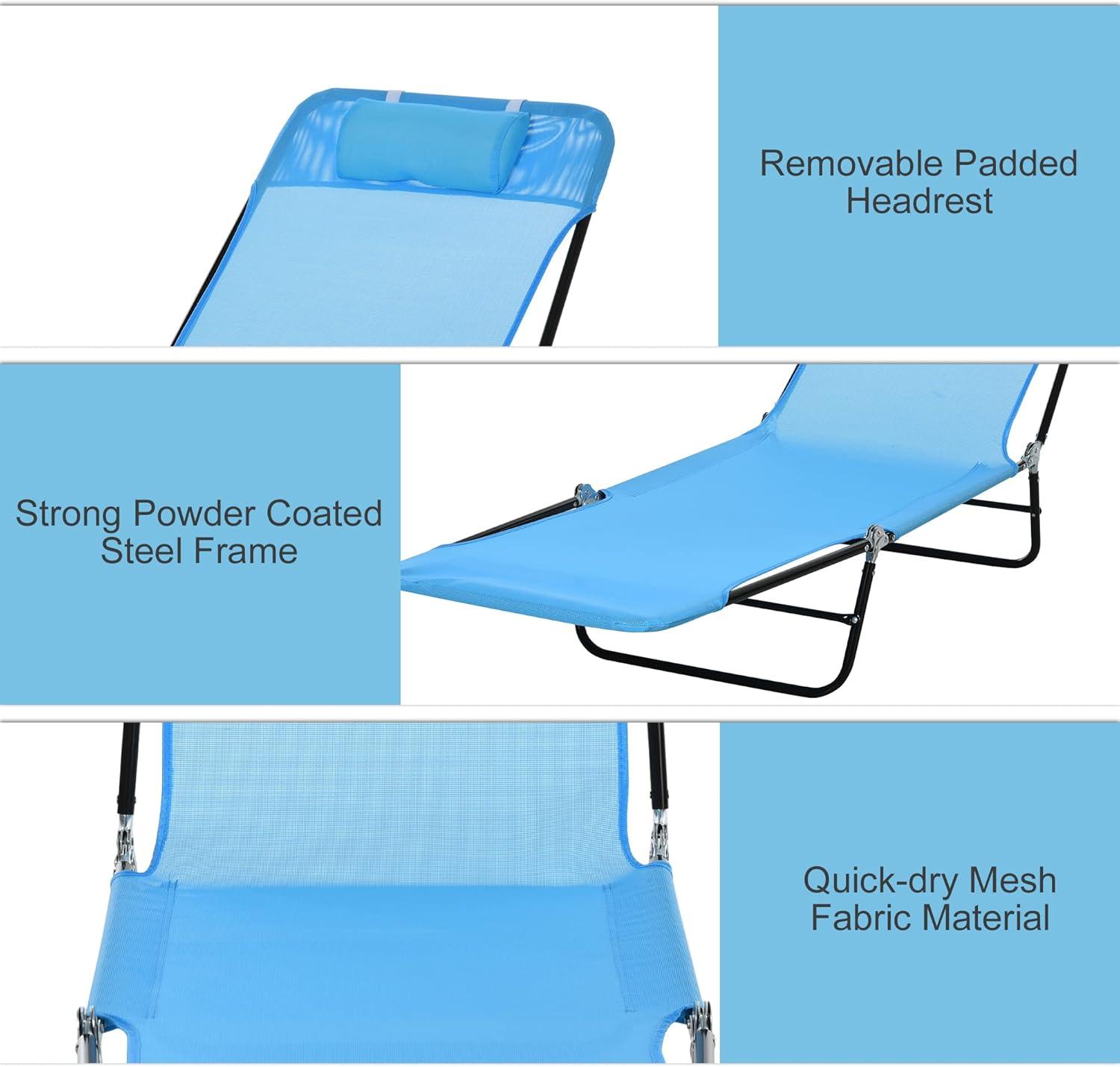 Outsunny Foldable Outdoor Chaise Lounge Chair, 5-Level Reclining Camping Tanning Chair with Breathable Mesh Fabric and Headrest, Pink