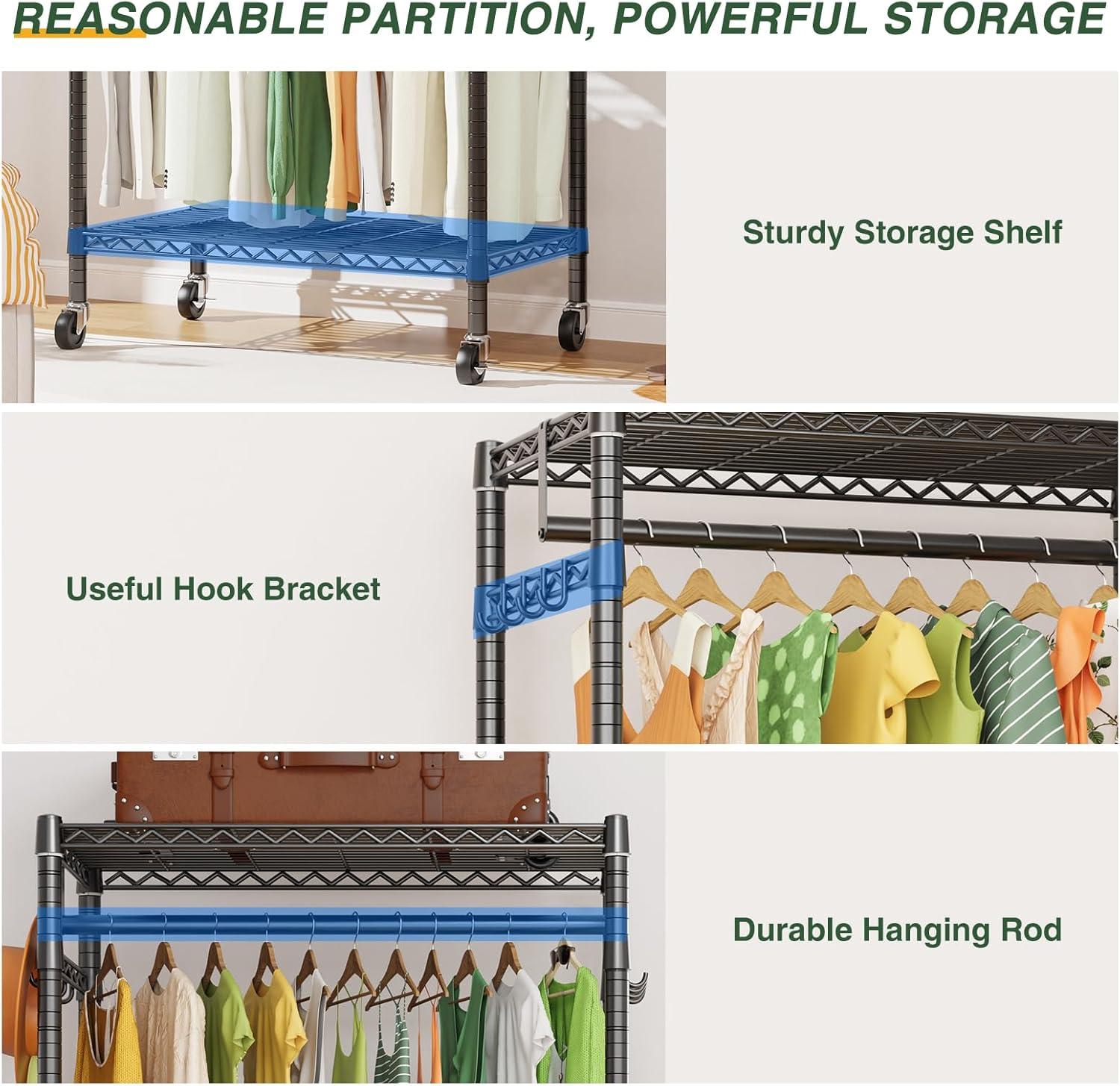 LEHOM G1L 3 Tiers Garment Rack with Storage Shelves, Heavy Duty Rolling Free-Standing Clothing Rack Closet Organizer with Double Rods/Lockable Wheels & 2 Pairs Side Hooks, Max Load 450 LBS, Black