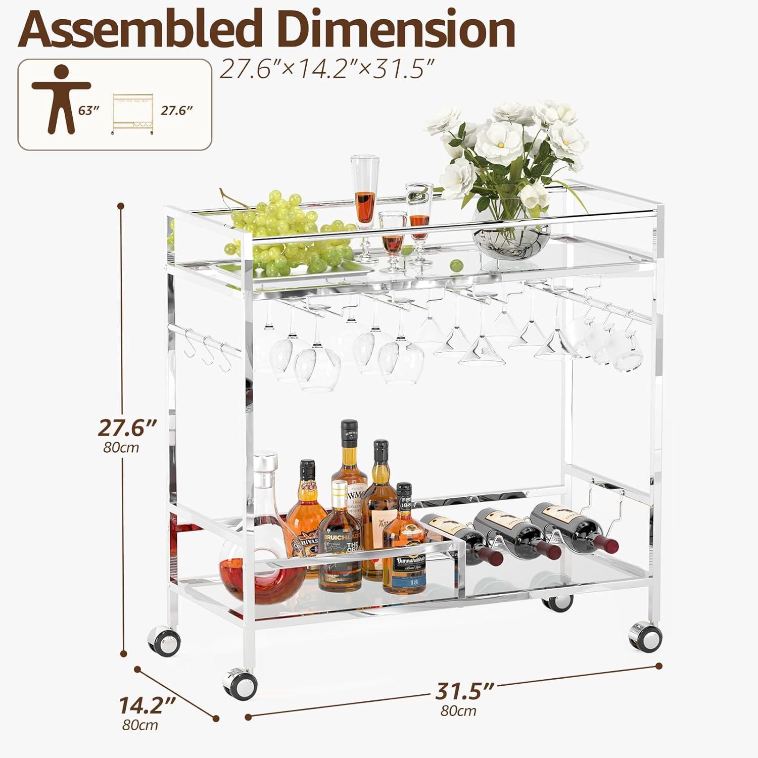 Bar Cart, Bar Serving Cart with Wheels, 2 Tier Bar Carts for The Home Kitchen Dining Room with Wine Rack and Glass Holder (Gold)