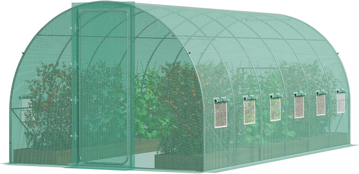 VEVOR Walk-in Tunnel Greenhouse, 27.4x9.5x7.4 ft Hoop House Greenhouse Tunnel, Plant Hot House with Galvanized Steel Frame, Green PE Cover, Swing Door and 16 Roll-up Windows for Outdoor