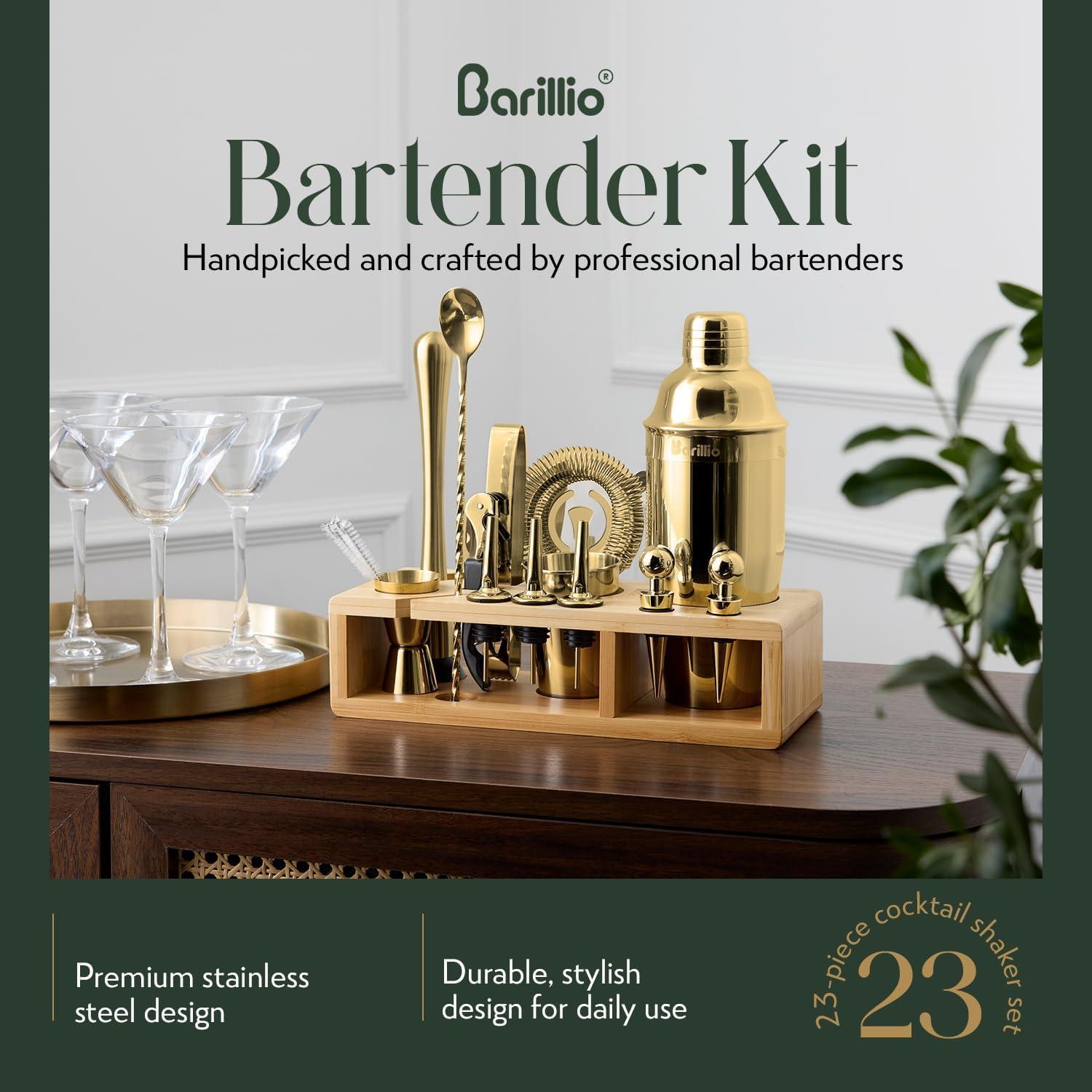 Gold Stainless Steel Bartender Kit with Bamboo Stand, 23-Piece