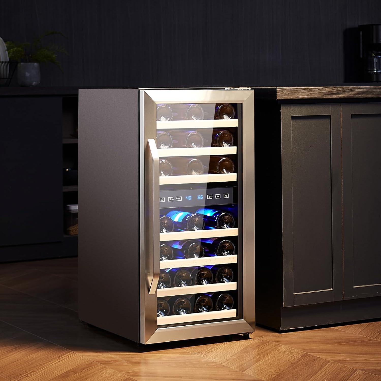 33-Bottle Dual Zone Black Stainless Steel Wine Cooler with LED Lighting