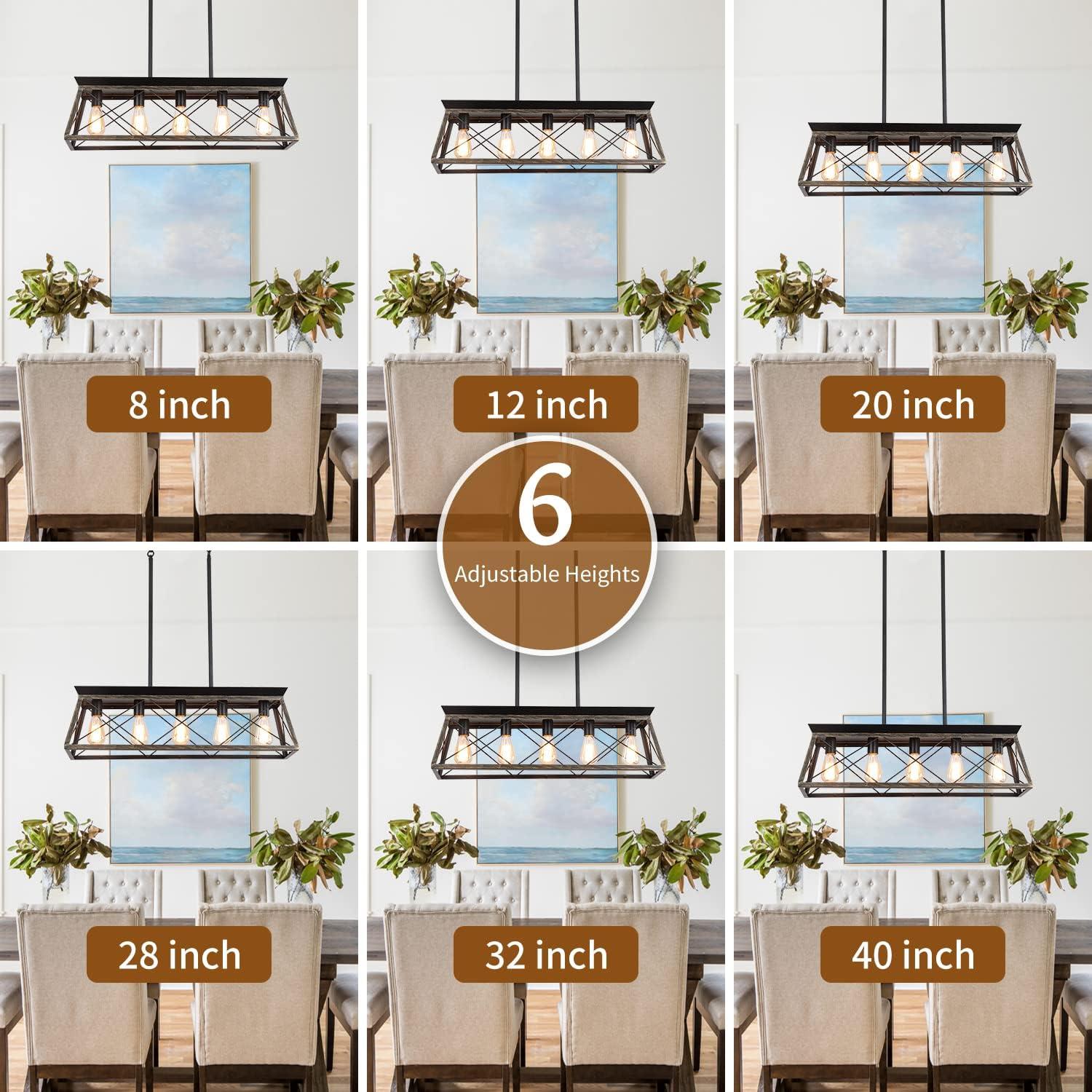 5-Light Farmhouse Chandeliers For Dining Room, Metal Rustic Pendant Island Light Fixture, Modern Rectangular Island Lights For Kitchen, Living Room Pure Black(No Bulbs)