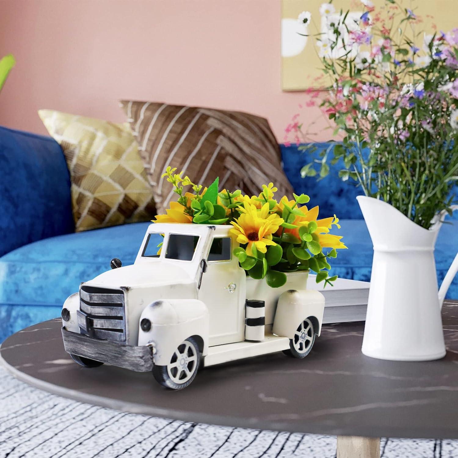 Sunflower Metal Truck with Artificial Flower Vintage Farm Pickup Farmhouse Tabletop Tiered Tray Decor, Rustic Farmhouse Decor for Table Top Decor Home Kitchen(White)