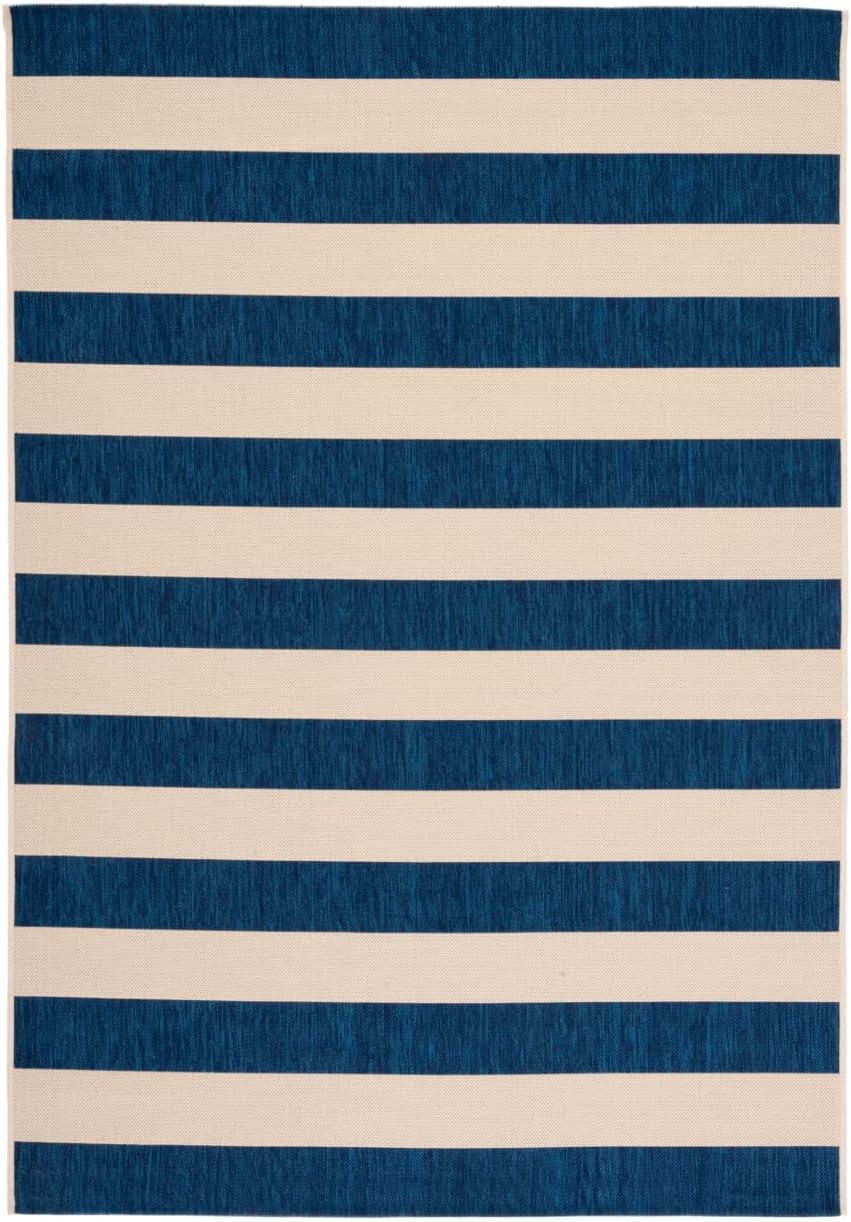 Beige and Navy Striped Synthetic Indoor/Outdoor Rug 9' x 12'