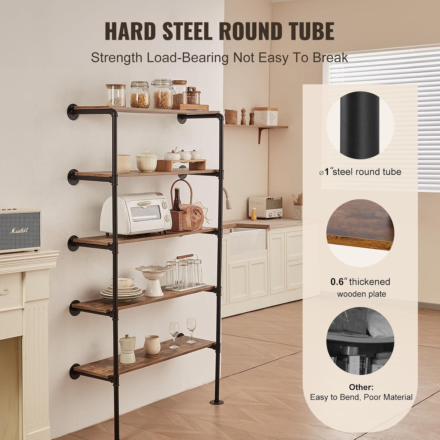 VEVOR Industrial Pipe Shelf, 5 Tier 2PCS, 9.84in Applicable Board Width Wall-Mount Floating Rustic Wood Shelves Bracket Bookshelf,Storage Holder for Kitchen Bedroom Bathroom, (Planks NOT Included)