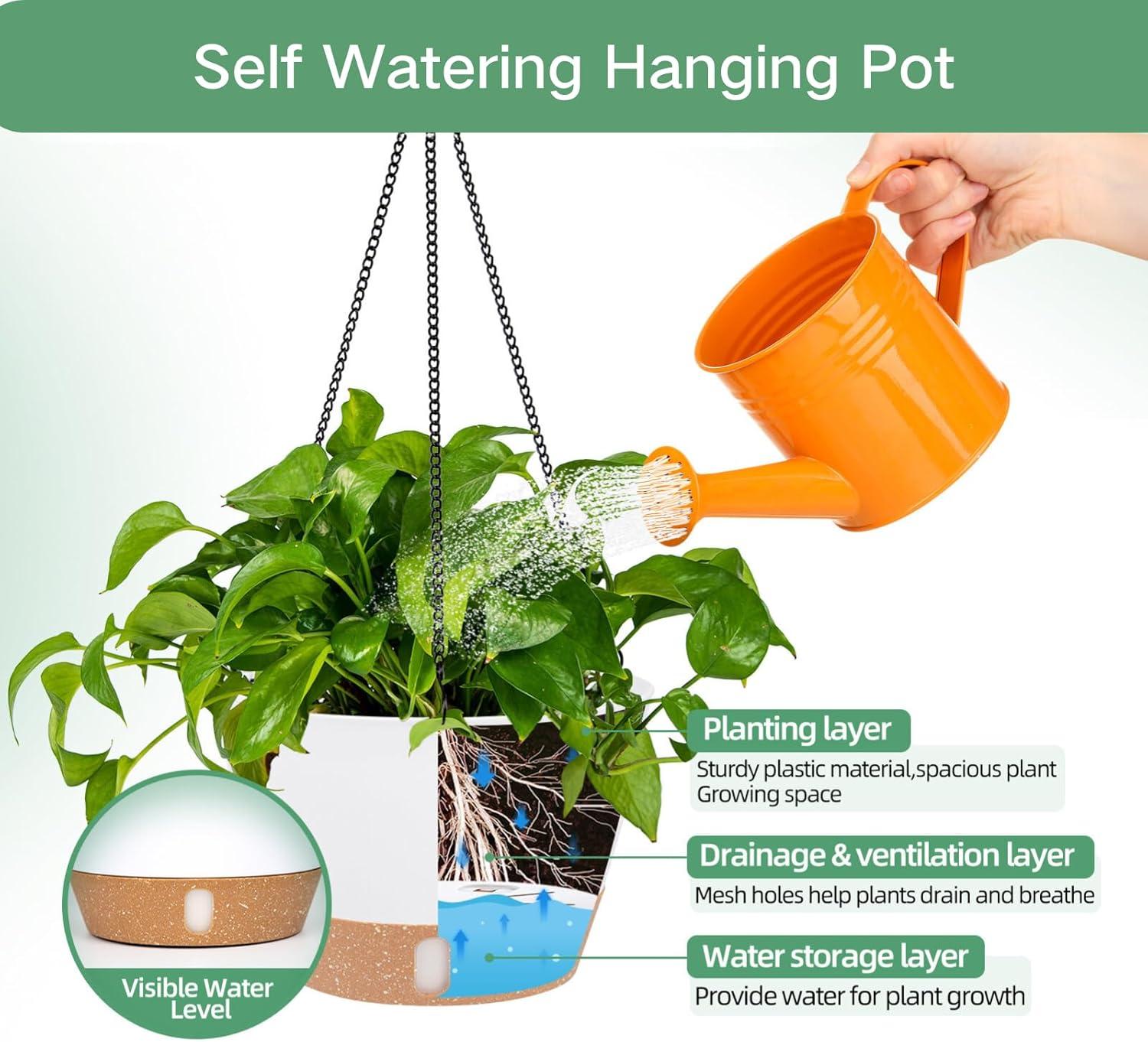 QCQHDU 2 Pack 10 inch White Plastic Hanging Planters with 3 Hooks, Hanging Plant Pot Basket with Drainage Hole for Garden Home