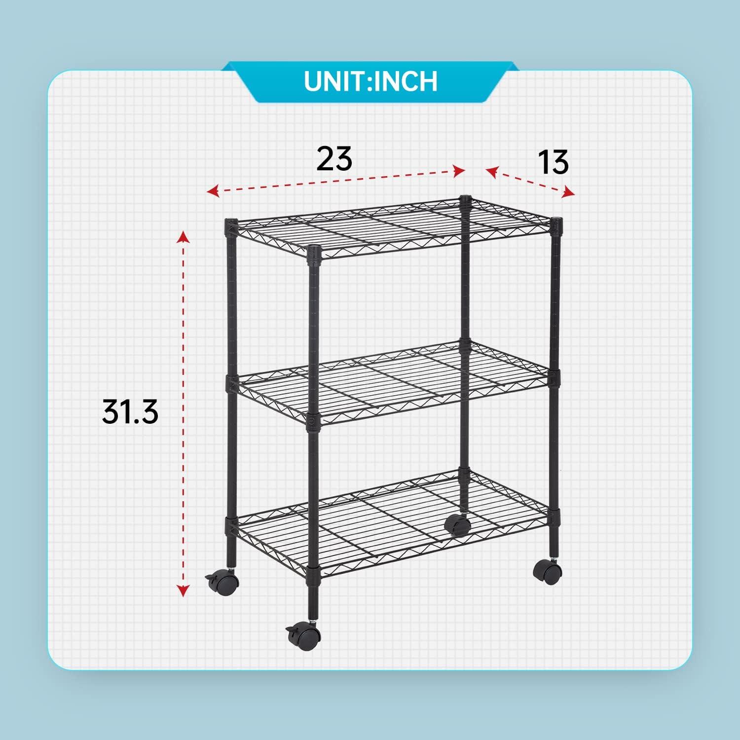 BestOffice 3-Shelf Steel Wire Tier Layer Shelving 23L x 13W x 32H Shelves with Wheels,Black