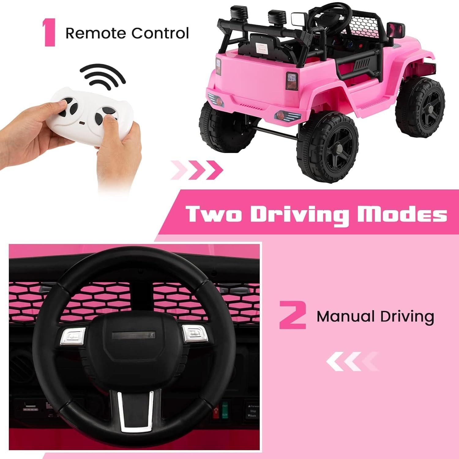 NEILA 12V Kids Ride On Jeep Car Truck Vehicles for Kids Electric Toys Cars with Remote Control Spring Suspension, LED Lights, Bluetooth, 2 Speeds （Pink）