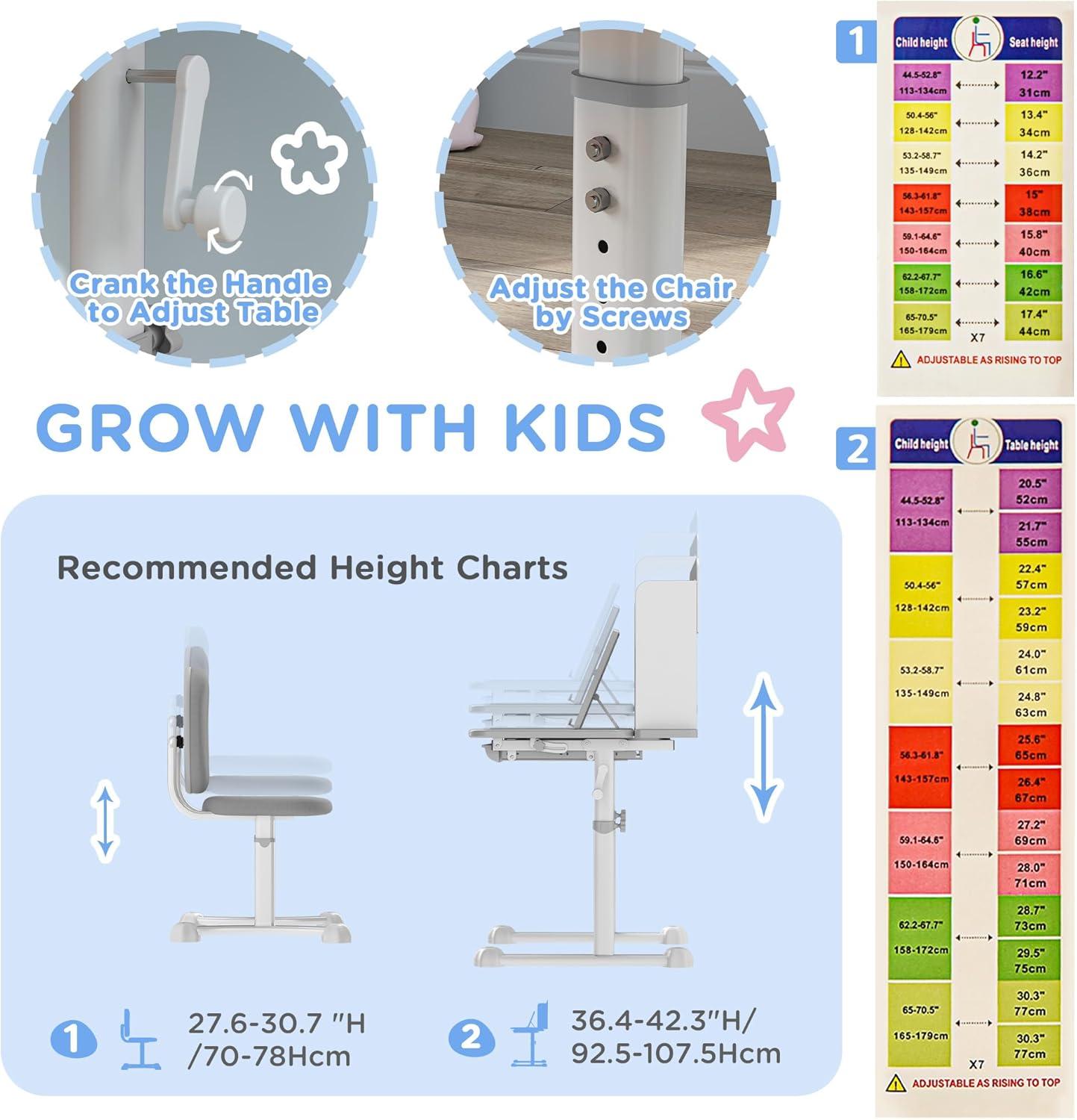 Qaba Kids Desk and Chair Set, Height Adjustable Kids School Study Desk and Chair Set with Tilt Desktop, Storage Drawer and Reading Rack