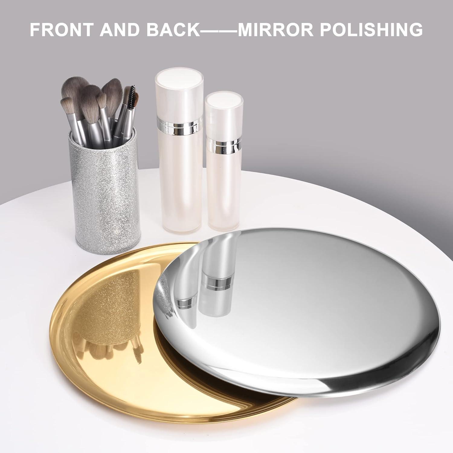 Large Mirror-Polished Stainless Steel Round Tray – Multi-Purpose Decorative Storage for Jewelry, Cosmetics & Essentials – 11.02" Silver Organizer for Bathroom,Bedroom,Coffee Table & Living Room