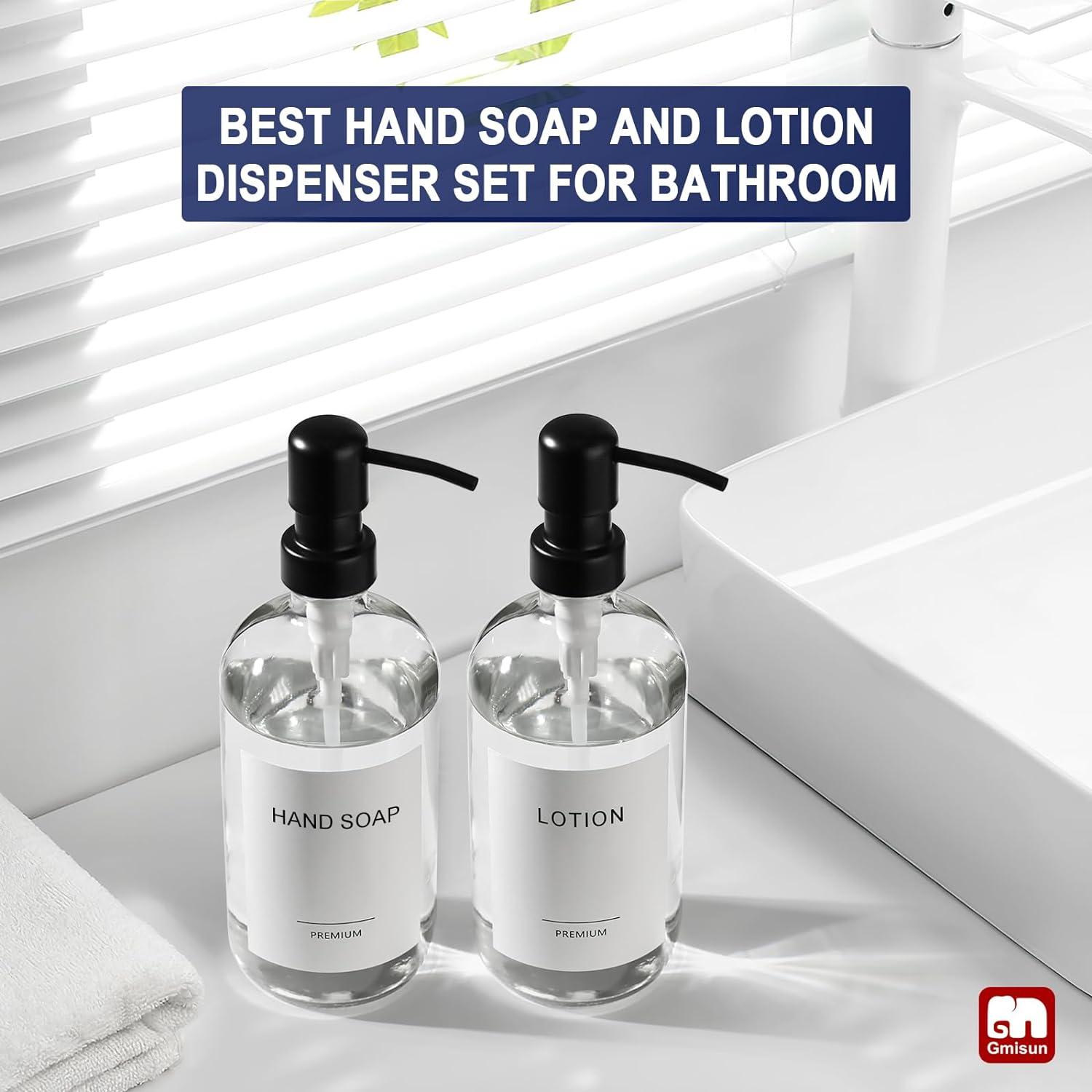 GM GMISUN Glass Soap Dispenser, Clear Hand and Dish Soap Dispenser Set with Labels - 2 Pack