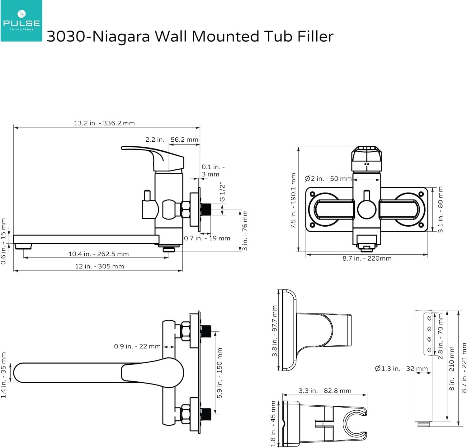 Pulse Showerspas Niagara Highflow Wall Mounted Tub Filler with Pivoting Arm Spout and Handshower 3030-WMTF-BN