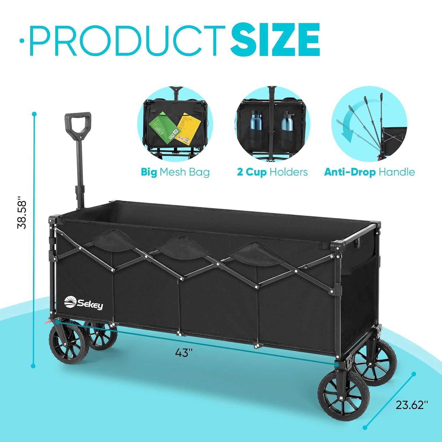 Sekey 43" Extended Collapsible Wagon 400L Large Capacity, 440LBS Heavy Duty Folding Utility Garden Cart with All-Terrain Wheels for Camping, Sports, Shopping.Black