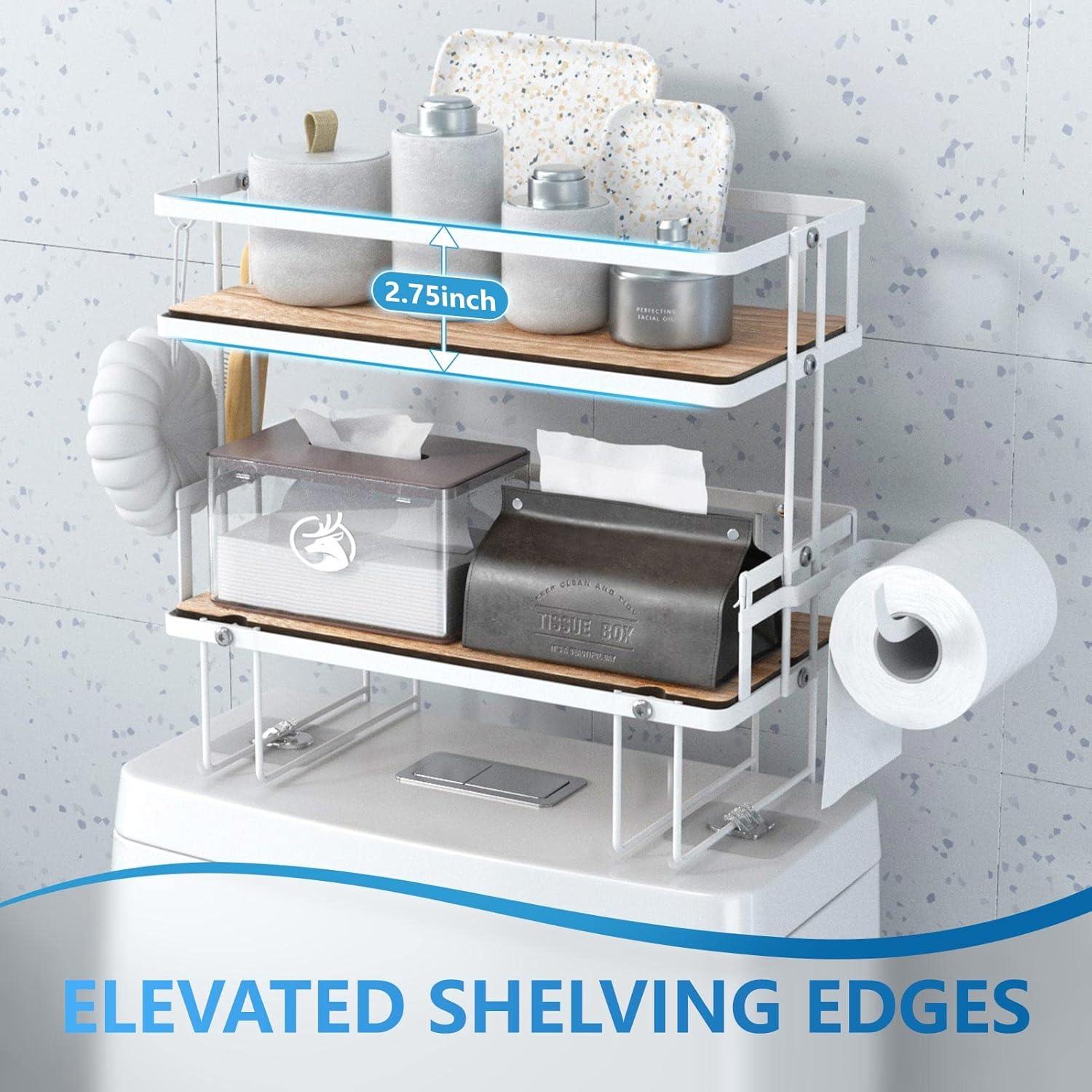 White Metal and Wood 2-Tier Over-the-Toilet Storage Shelf