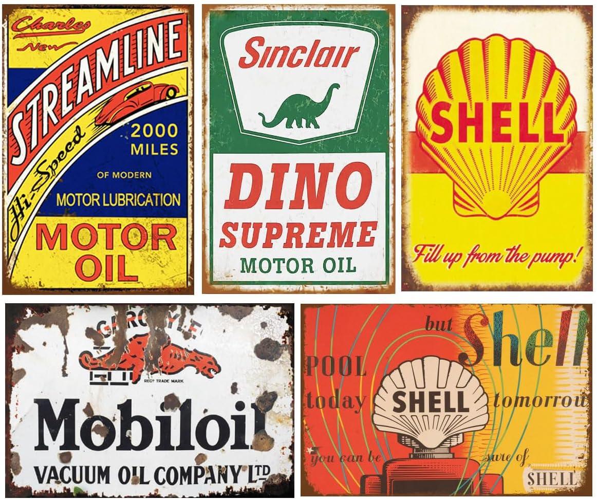 Reproduced Vintage Tin Sign Pack, Gas Oil Retro Advert Antique Metal Signs for Garage Man Cave Bar Kitchen, Nostalgic Car Decor, 8x12 Inch (35 Pieces A)