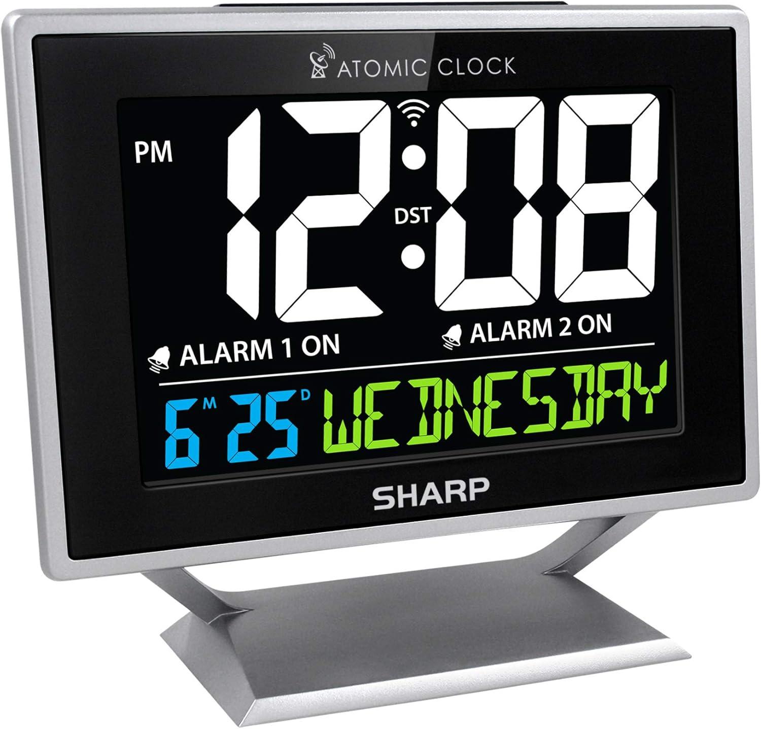 Sharp Digital Atomic Alarm Clock Color Display Atomic Accuracy Day of Week Time/Date Silver