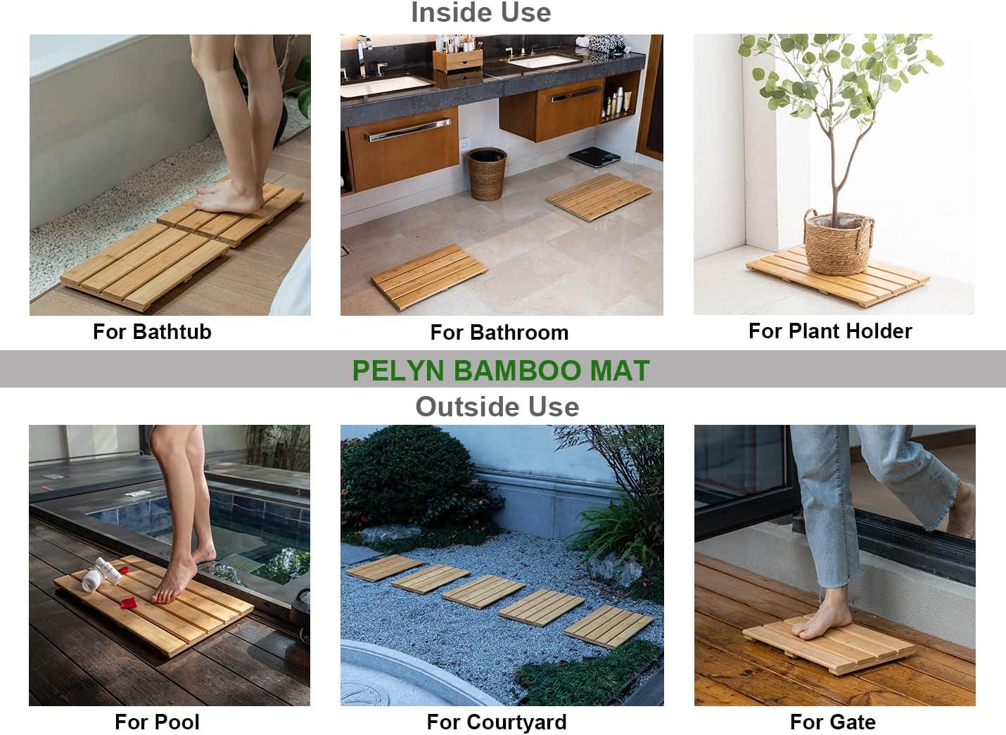 Bamboo Shower Bath Mat for Bathroom, Non-Slip Bamboo Wood Bathroom Mats for Inside or Outside (19.7 x 12.2 inches)