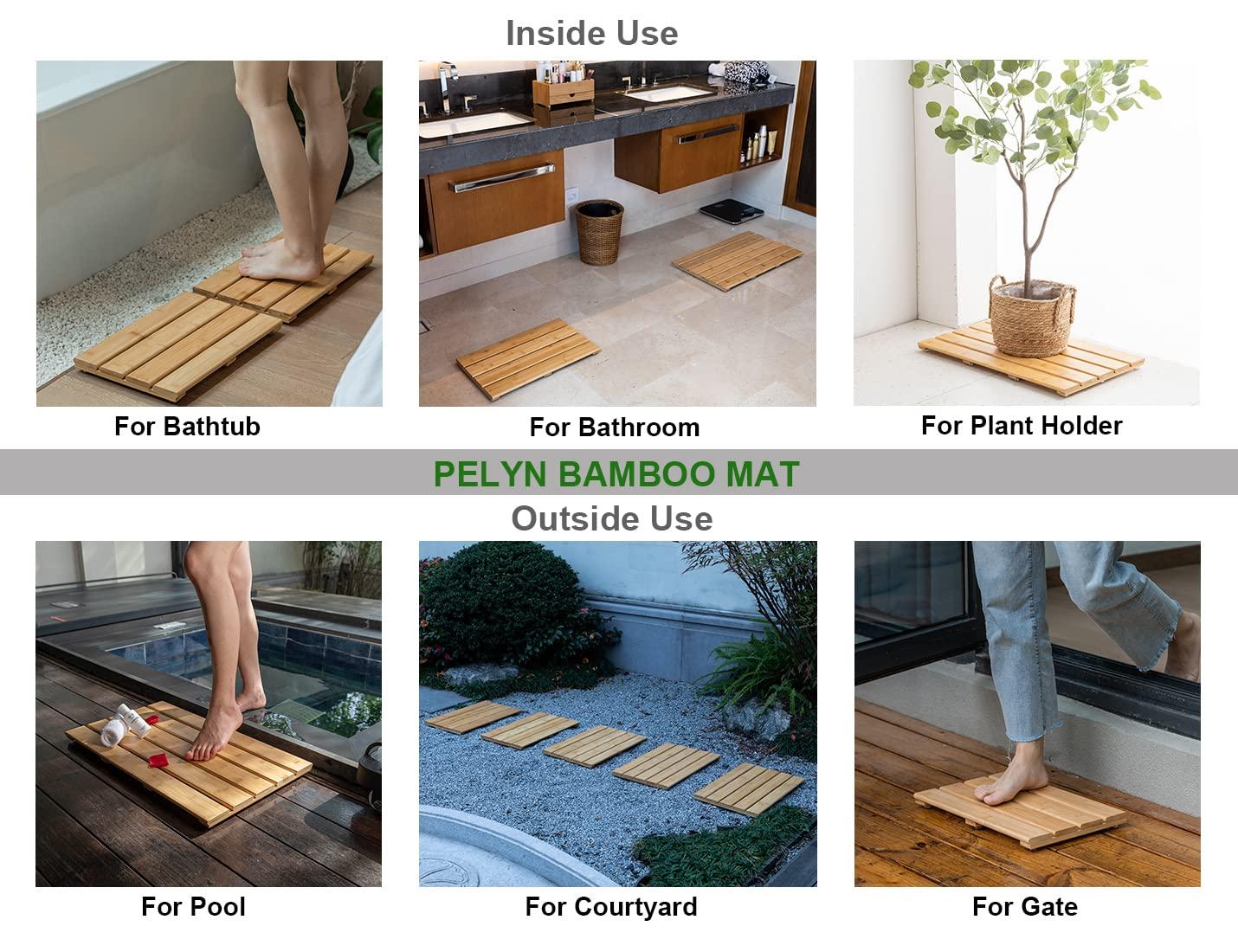 Bamboo Shower Bath Mat for Bathroom, Non-Slip Bamboo Wood Bathroom Mats for Inside or Outside (19.7 x 12.2 inches)