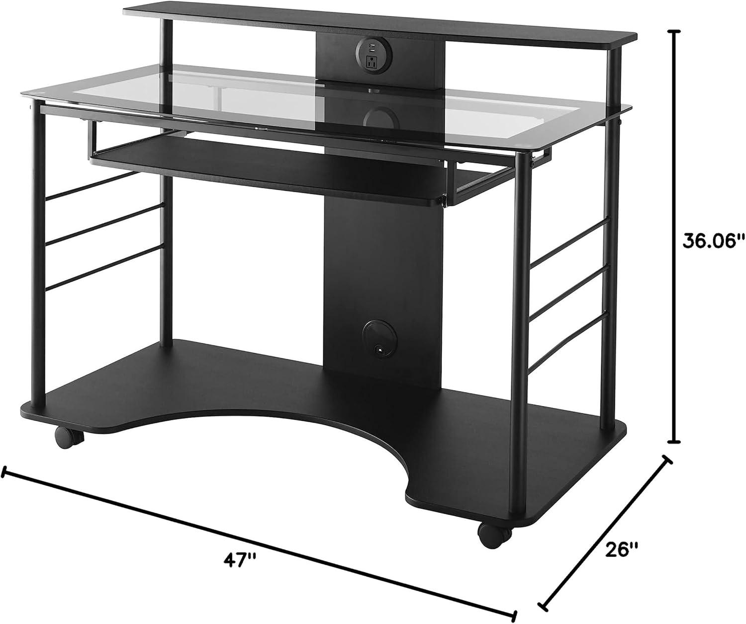 Black Glass Mobile Tech Desk with Power Outlet and USB Port