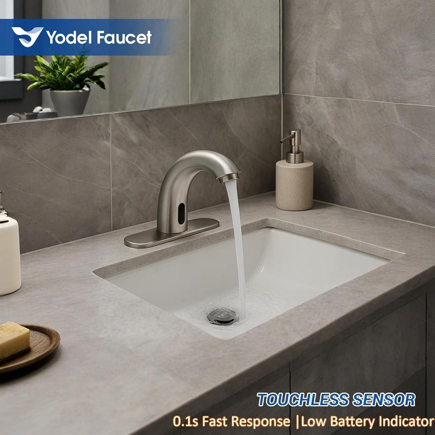 Touchless Bathroom Sink Faucet - Automatic Motion Sensor Restroom Toilet Faucet - Battery Operated for Commercial Lavatory, Brushed Nickel