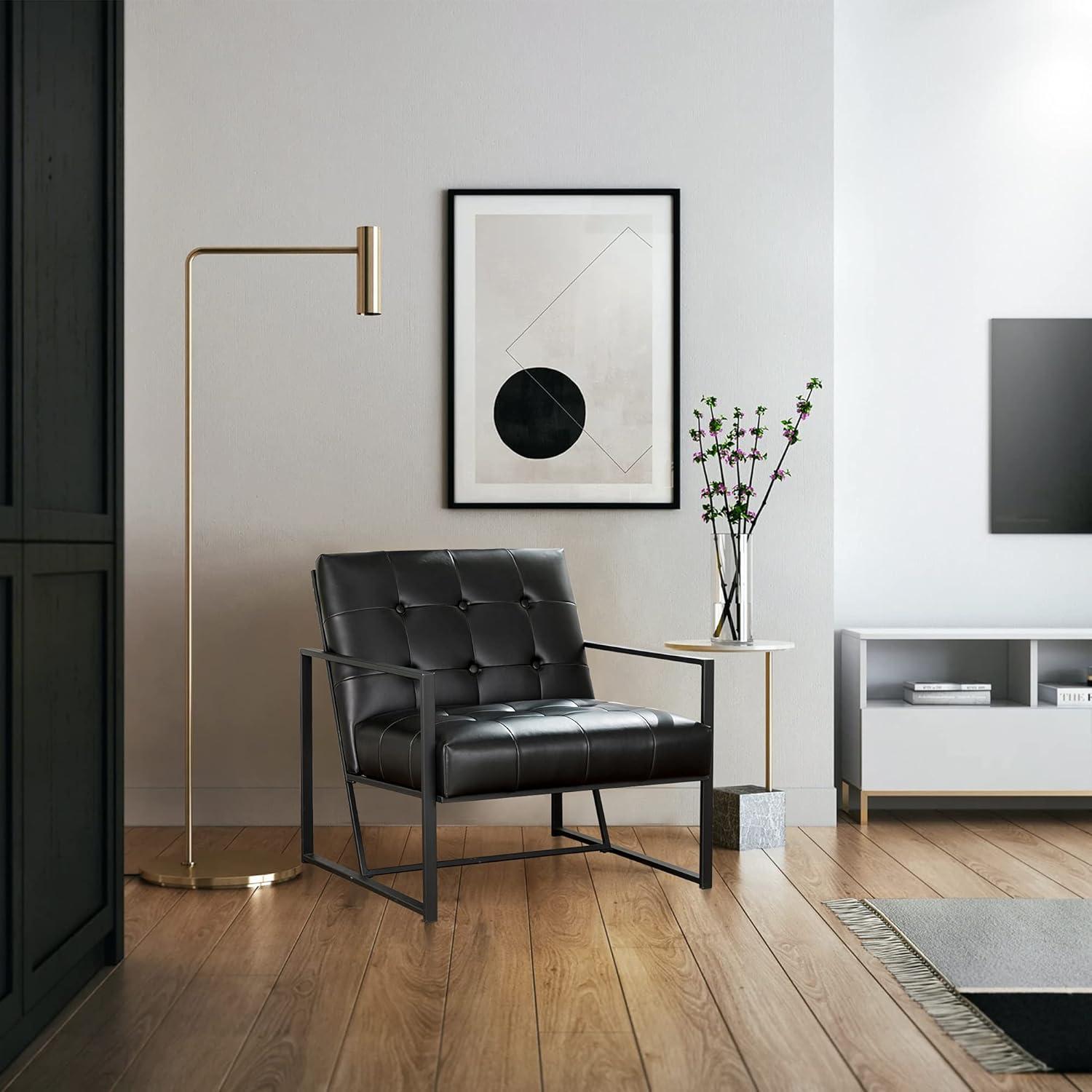 Mid-Century Modern Leatherette Arm Accent Chair Frosted Black Metal Frame Black - Glitzhome