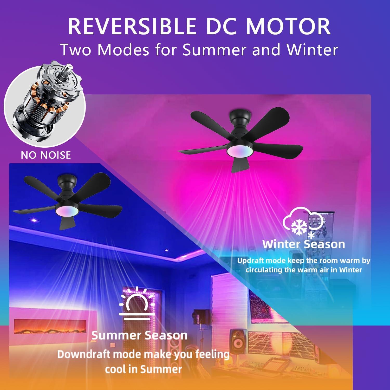 36inch Ceiling Fans with Lights and Remote/App Control, Flush Mount Ceiling Fan with Reversible Dc Motor RGB Dimmable Light, Noiseless Black Modern Small Ceiling Fan for Bedroom Indoor/Outdoor