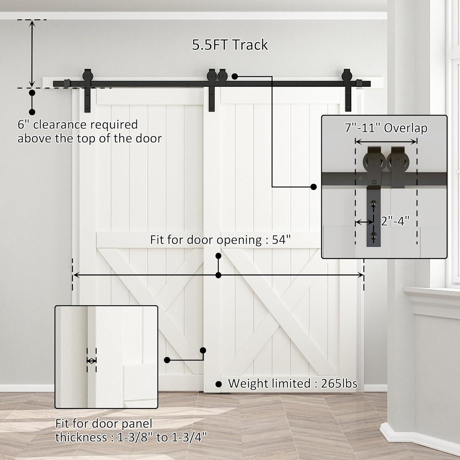 skysen 5.5FT Heavy Duty Sliding Barn Door Hardware Single Track Bypass Double Door Kit Black(Bypass J Shape-1)