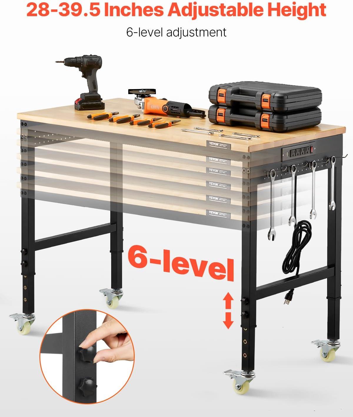 VEVOR 61'' W Wood Top Height-Adjustable Workbench