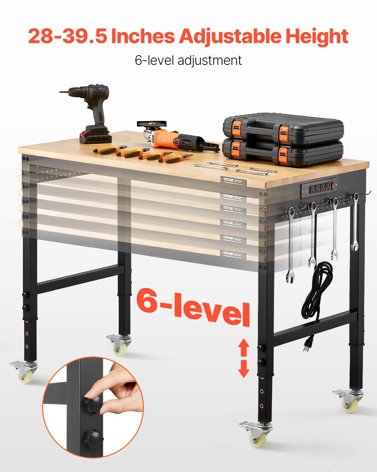 VEVOR 61'' W Wood Top Height-Adjustable Workbench