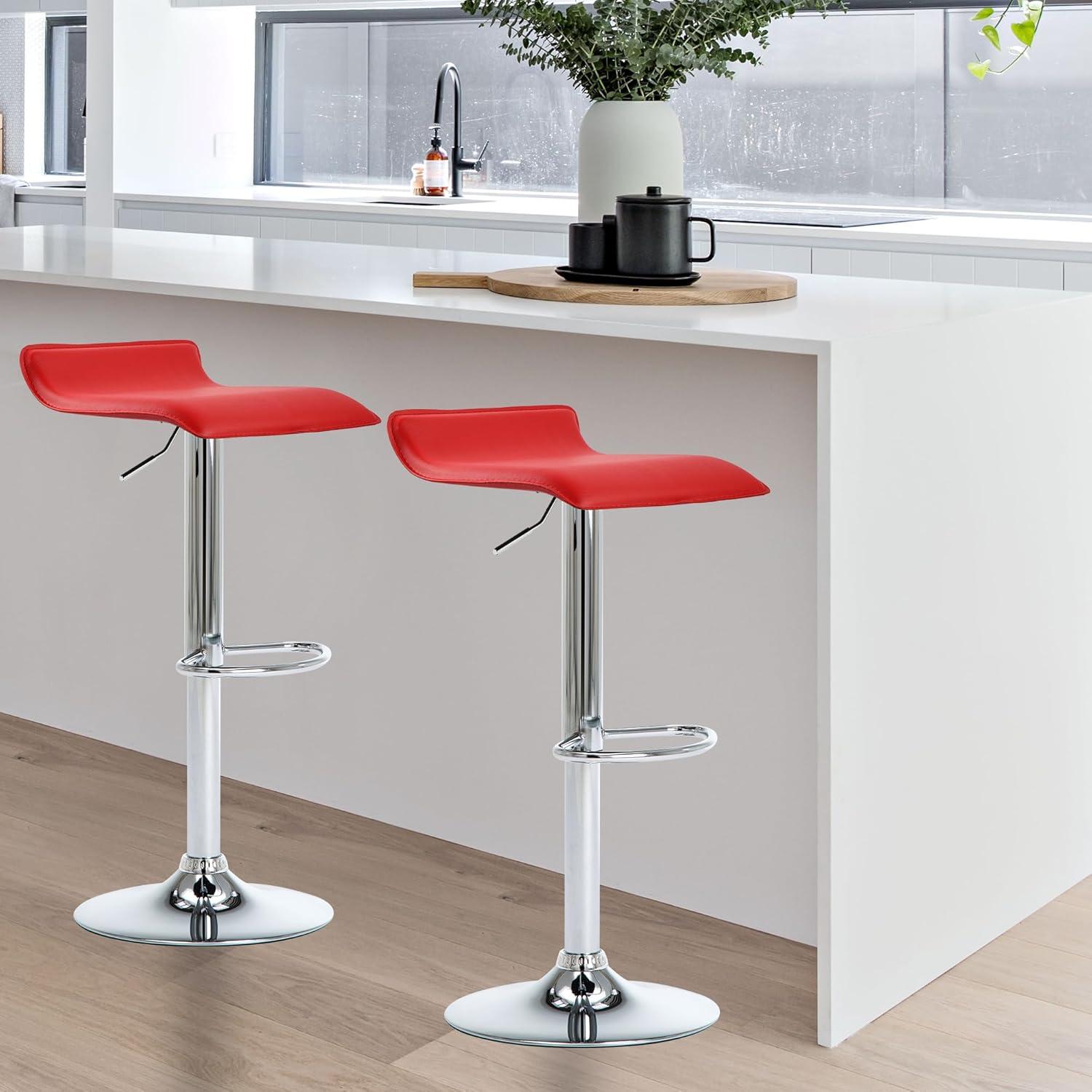 Bar Stools Set of 2 Modern Square PU Leather Adjustable BarStools Counter Height Stools with Backless 360° Swivel Stool Red