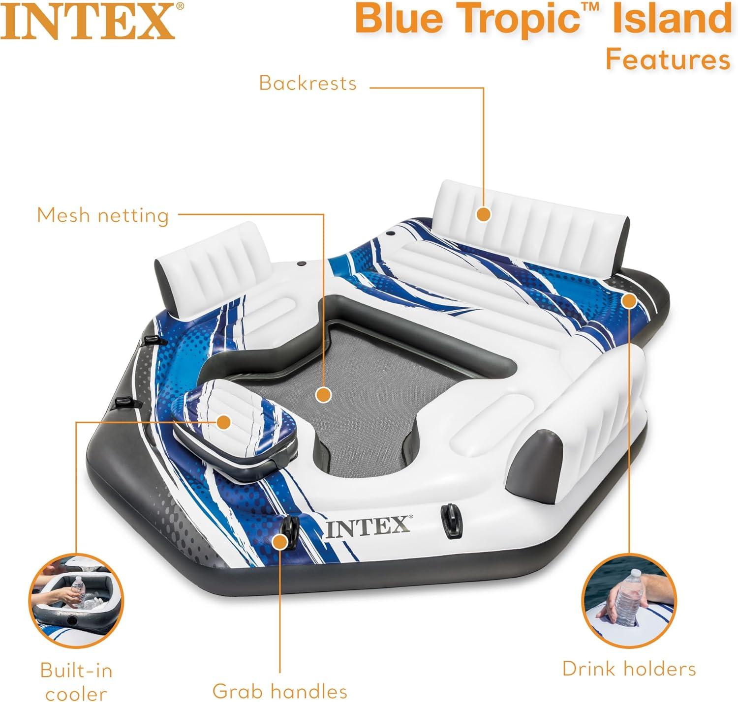 Intex Blue Tropic Inflatable Lake or Swimming Pool Island Water Floating Lounger Raft with Backrests, Built-In Cooler, and 4 Cupholders