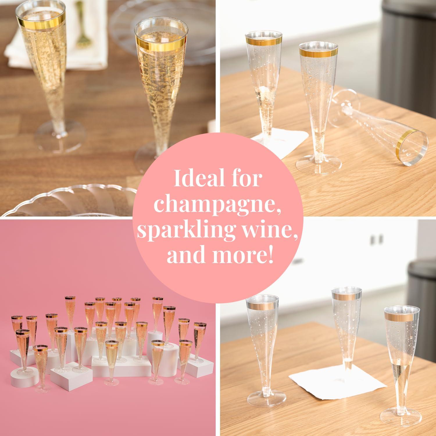 Prestee 24 Champagne Flutes Disposable, Gold Rim Glitter Plastic Cups