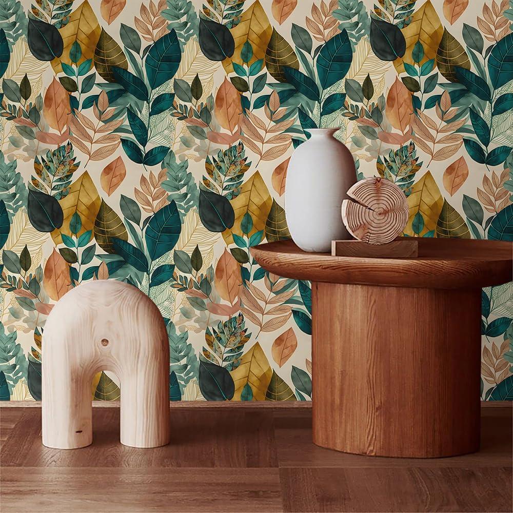 Boho Botanical Brown and Green Leaf Self-Adhesive Wallpaper