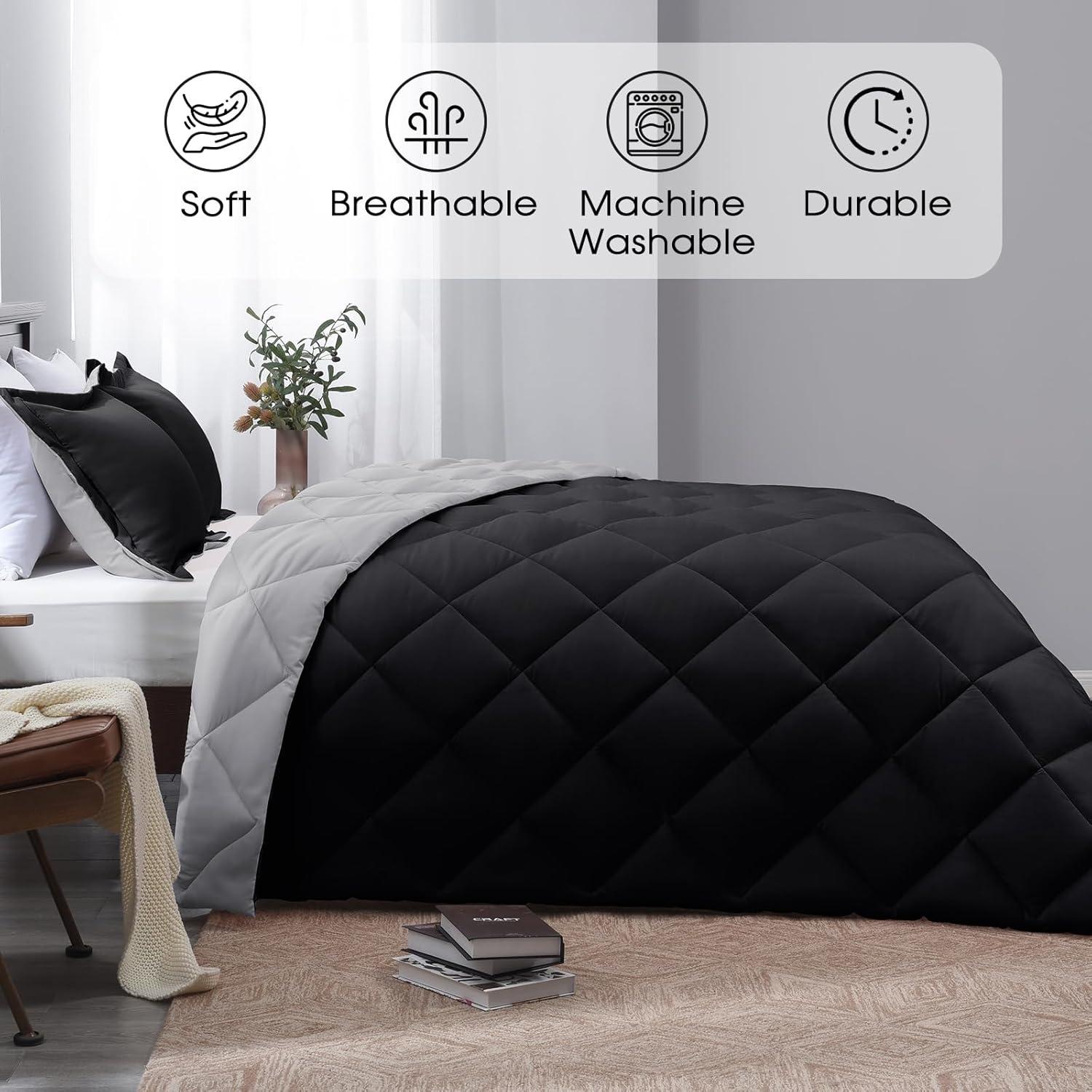 Queen Black and Grey Reversible Microfiber Comforter Set