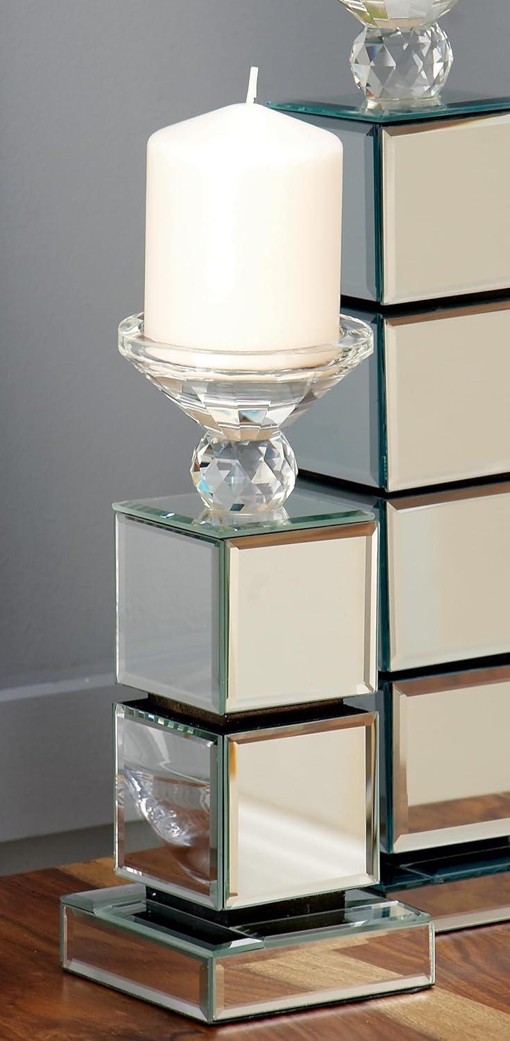 DecMode Silver Glass Pillar Candle Holder with Mirrored Sides