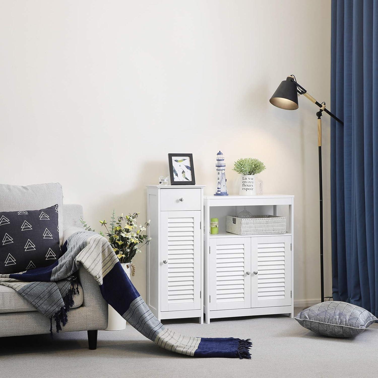 VASAGLE Bathroom Storage Cabinet, Small Slim Bathroom Floor Cabinet with Drawer and Shutter Door, for Living Room, Bedroom, 11.8 x 12.6 x 34.3 Inches, White UBBC43WT