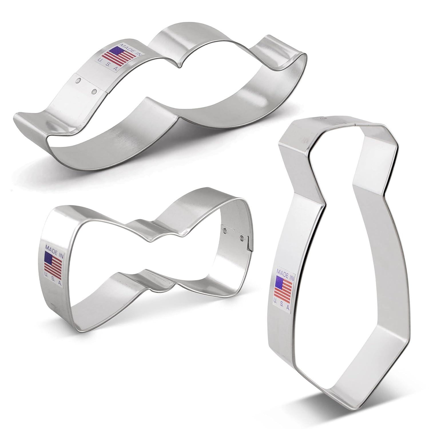 Little Man Father's Day Cookie Cutter Set, 3-Piece Set, Mustache, Bowtie, Neck Tie, Made in USA by Ann Clark