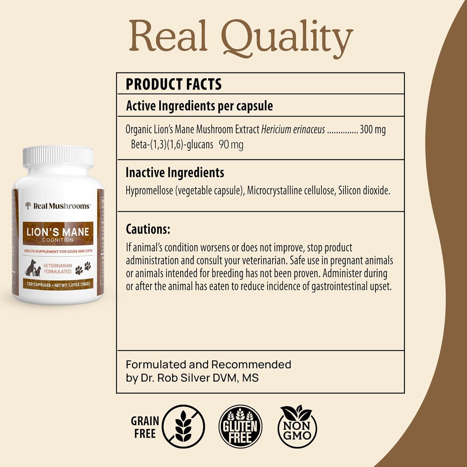 Real Mushrooms Lion's Mane, For Dogs and Cats, 120 Capsules